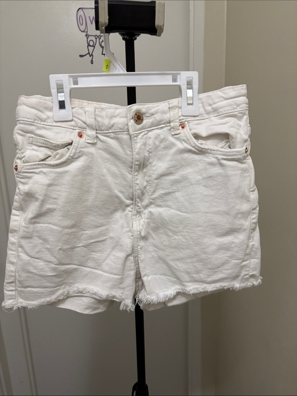 Bershka White Denim Shorts with Frayed Hem
